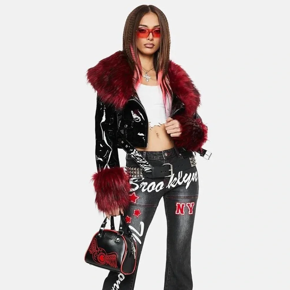 BRAND NEW y2k fur trim leather jacket - Picture 1 of 3